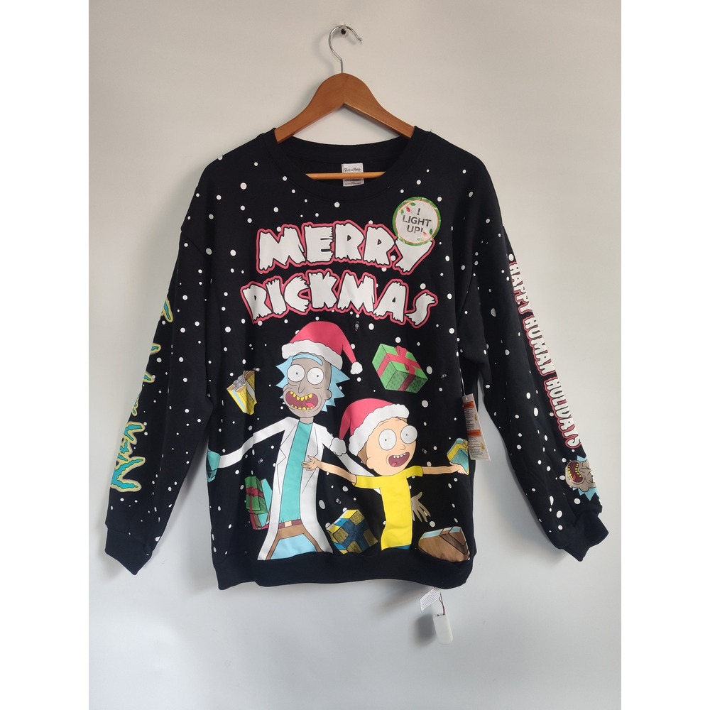 New Rick and Morty Sweatshirt Large Ugly Christmas Light Up Black Merry Rickmas